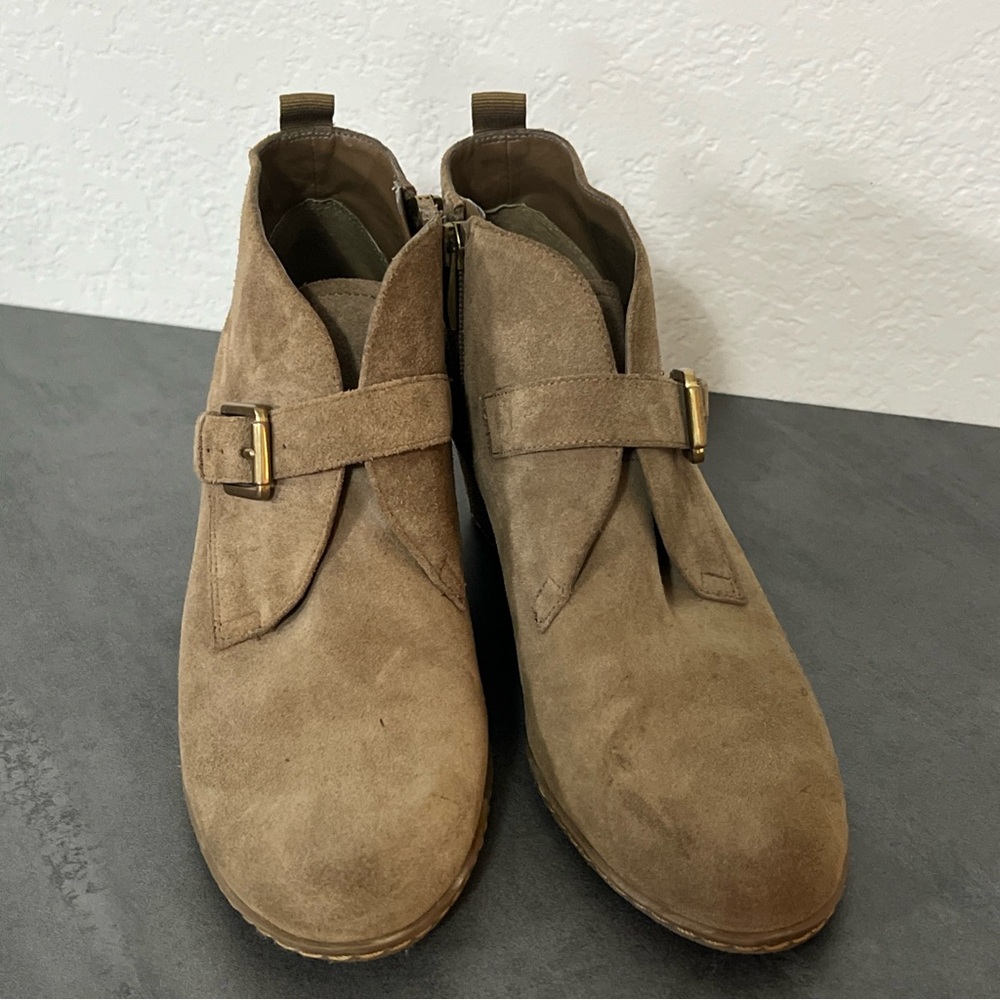 Franco Sarto Anita Brown Taupe Buckle Wedge Suede Ankle Boots,  Women’s Size 7.5